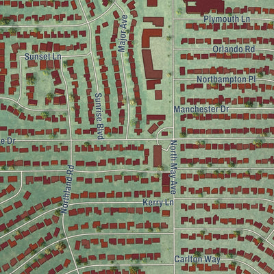 Close-up of the map of The Village, Oklahoma print showing street and building detail