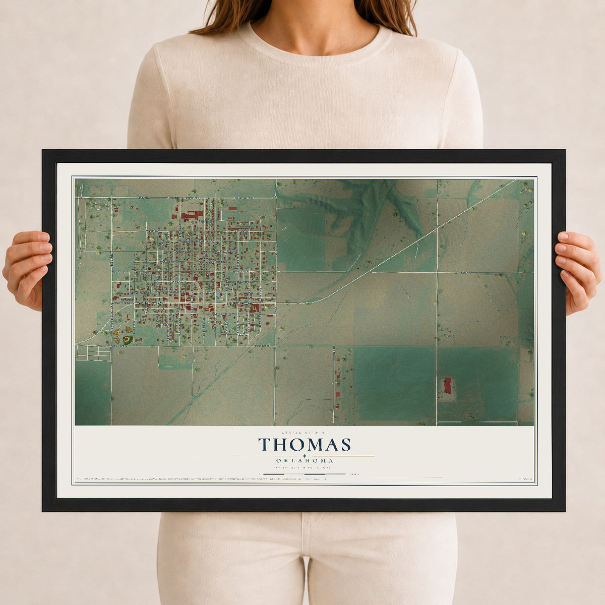 Map of Thomas, Oklahoma, 12 x 18 inch print in a black wood frame