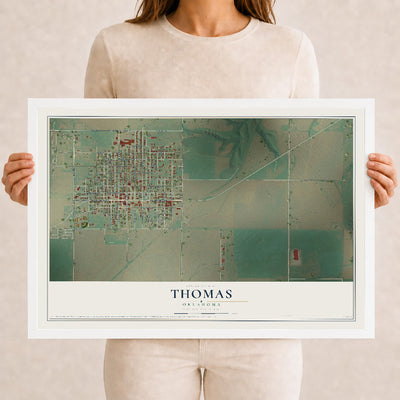Map of Thomas, Oklahoma, 12 x 18 inch print in a white wood frame