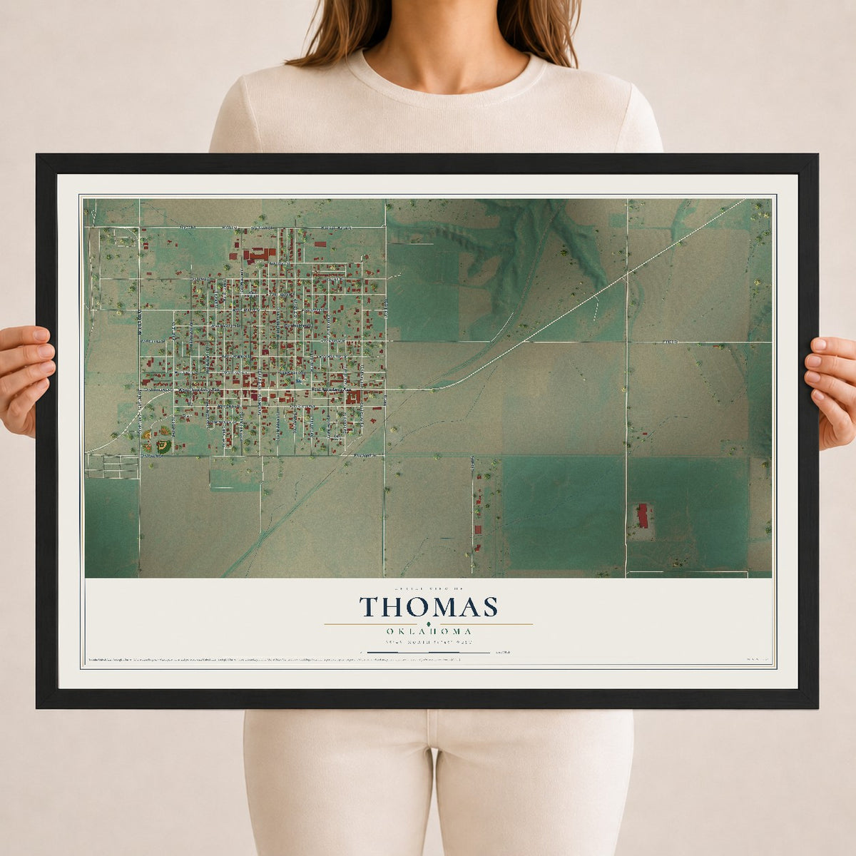 Map of Thomas, Oklahoma, 18 x 24 inch print in a black wood frame