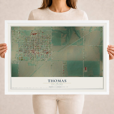 Map of Thomas, Oklahoma, 18 x 24 inch print in a white wood frame