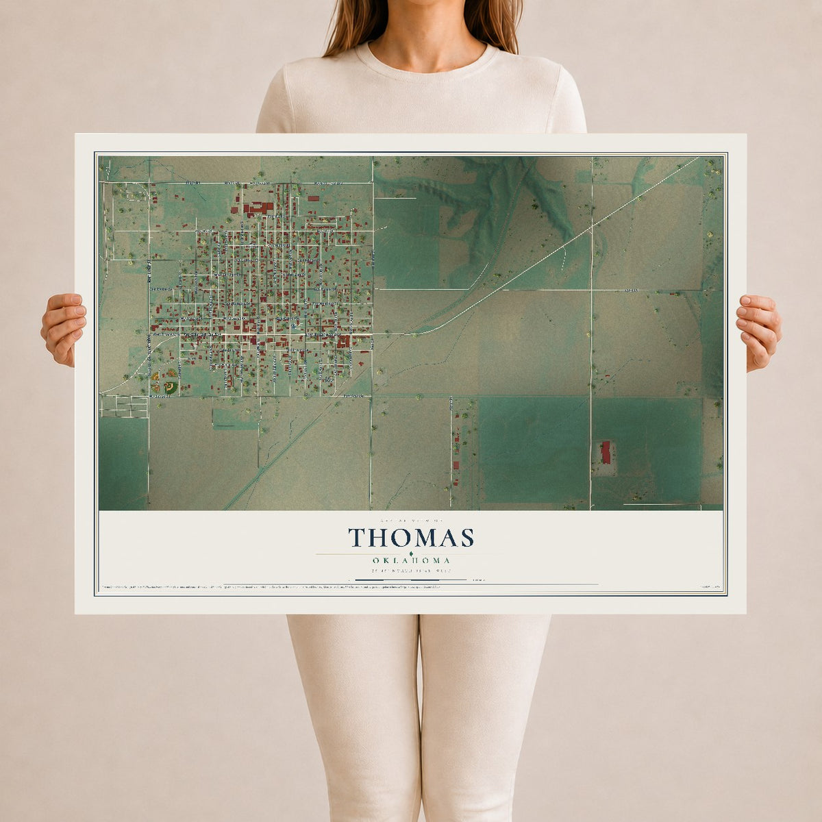 Map of Thomas, Oklahoma, 24 x 36 inch unframed archival matte print