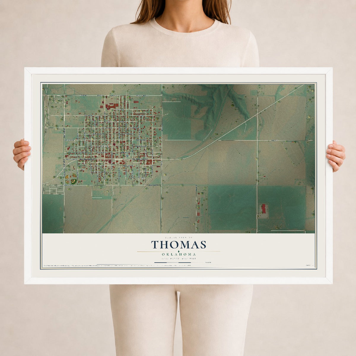 Map of Thomas, Oklahoma, 24 x 36 inch print in a white wood frame