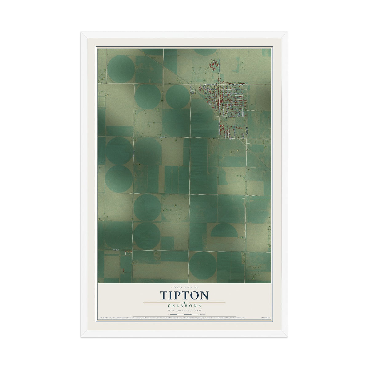Map of Tipton, Oklahoma, 12 x 18 inch print in a white wood frame