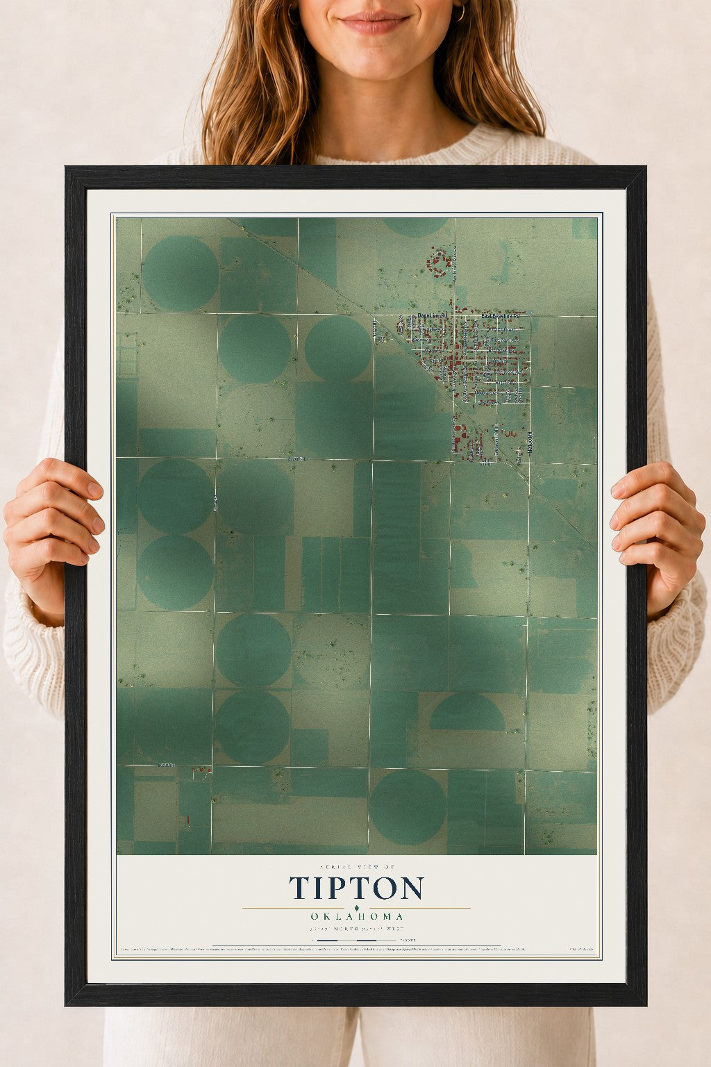 Map of Tipton, Oklahoma, 18 x 24 inch print in a black wood frame