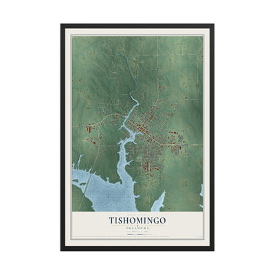 Map of Tishomingo, Oklahoma, 12 x 18 inch print in a black wood frame