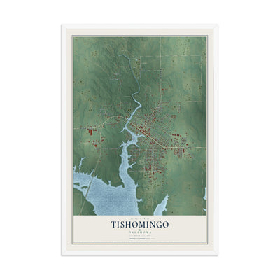 Map of Tishomingo, Oklahoma, 12 x 18 inch print in a white wood frame