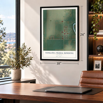 Tonkawa Tribal Housing, Oklahoma map, 18 x 24 inch print in a black frame in a home office