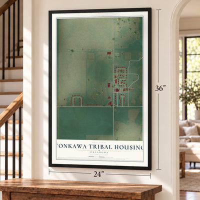 Tonkawa Tribal Housing, Oklahoma map, 24 x 36 inch print in a black frame by a staircase