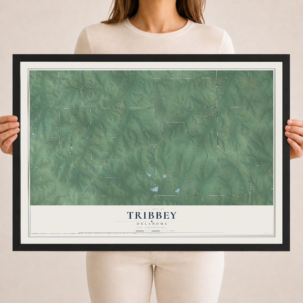 Map of Tribbey, Oklahoma, 18 x 24 inch print in a black wood frame