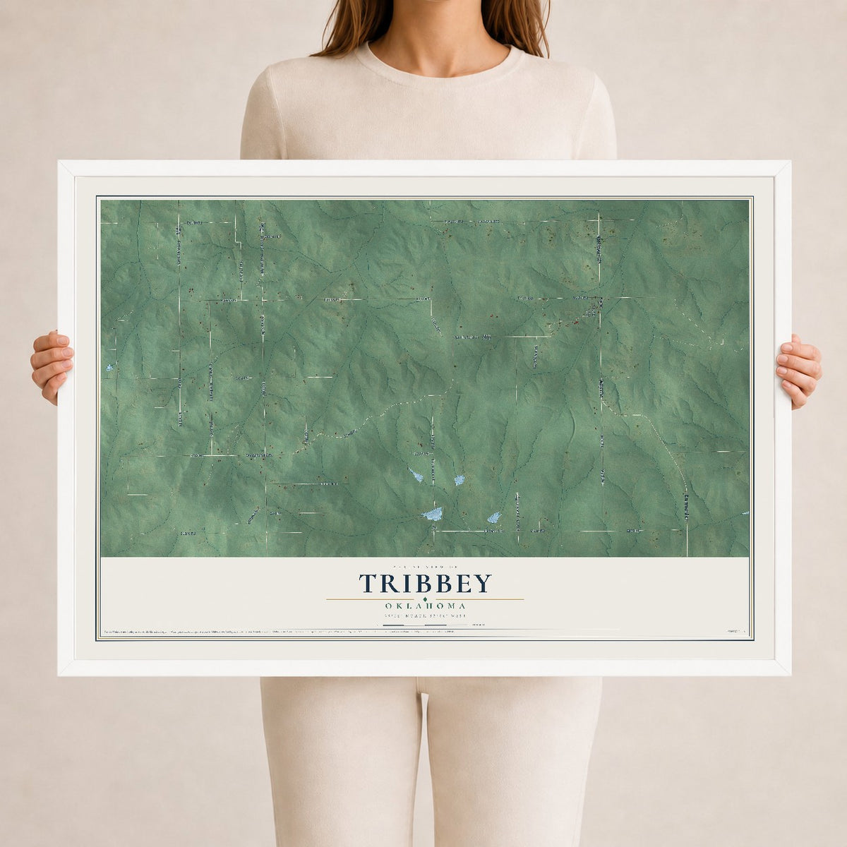 Map of Tribbey, Oklahoma, 24 x 36 inch print in a white wood frame