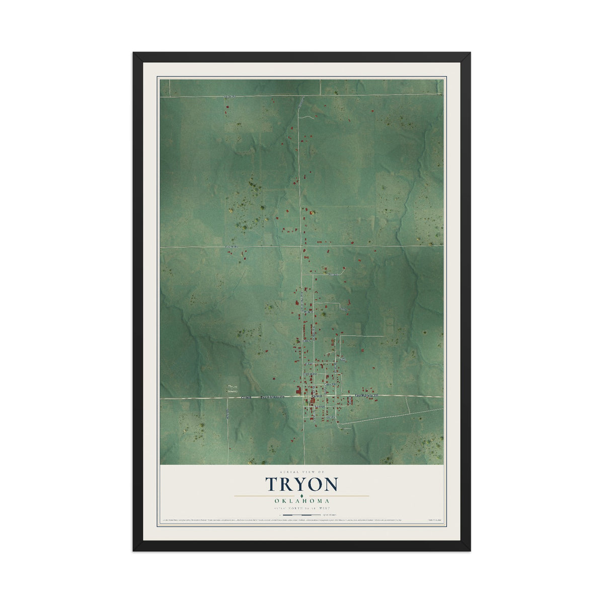 Map of Tryon, Oklahoma, 12 x 18 inch print in a black wood frame