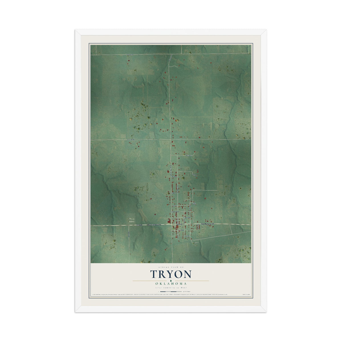 Map of Tryon, Oklahoma, 12 x 18 inch print in a white wood frame