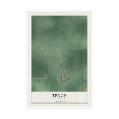 Map of Tryon, Oklahoma, 12 x 18 inch print in a white wood frame