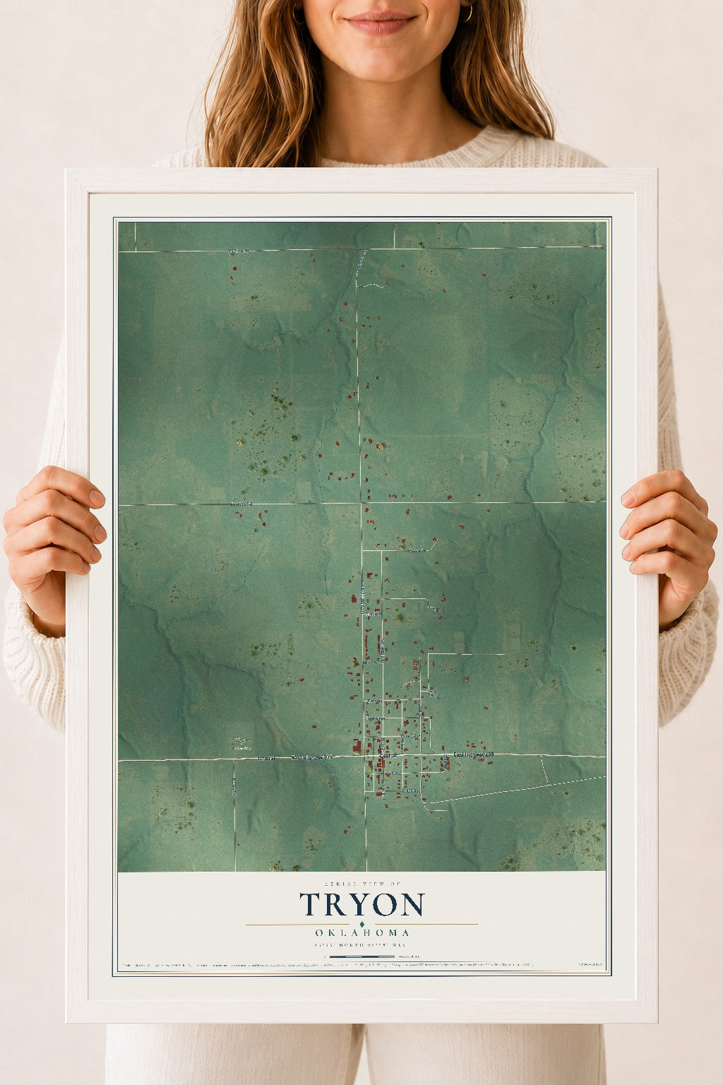Map of Tryon, Oklahoma, 18 x 24 inch print in a white wood frame