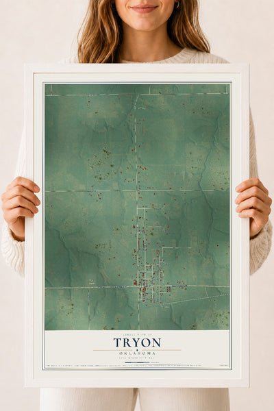Map of Tryon, Oklahoma, 18 x 24 inch print in a white wood frame
