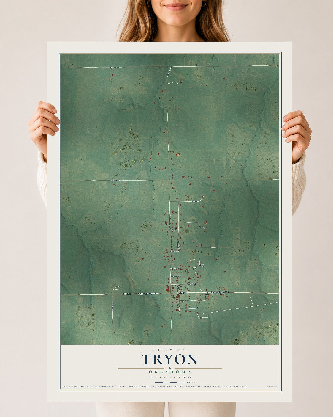 Map of Tryon, Oklahoma, 24 x 36 inch unframed archival matte print