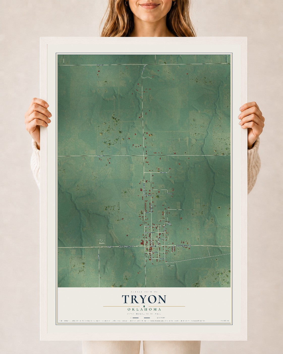 Map of Tryon, Oklahoma, 24 x 36 inch print in a white wood frame