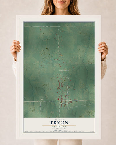Map of Tryon, Oklahoma, 24 x 36 inch print in a white wood frame