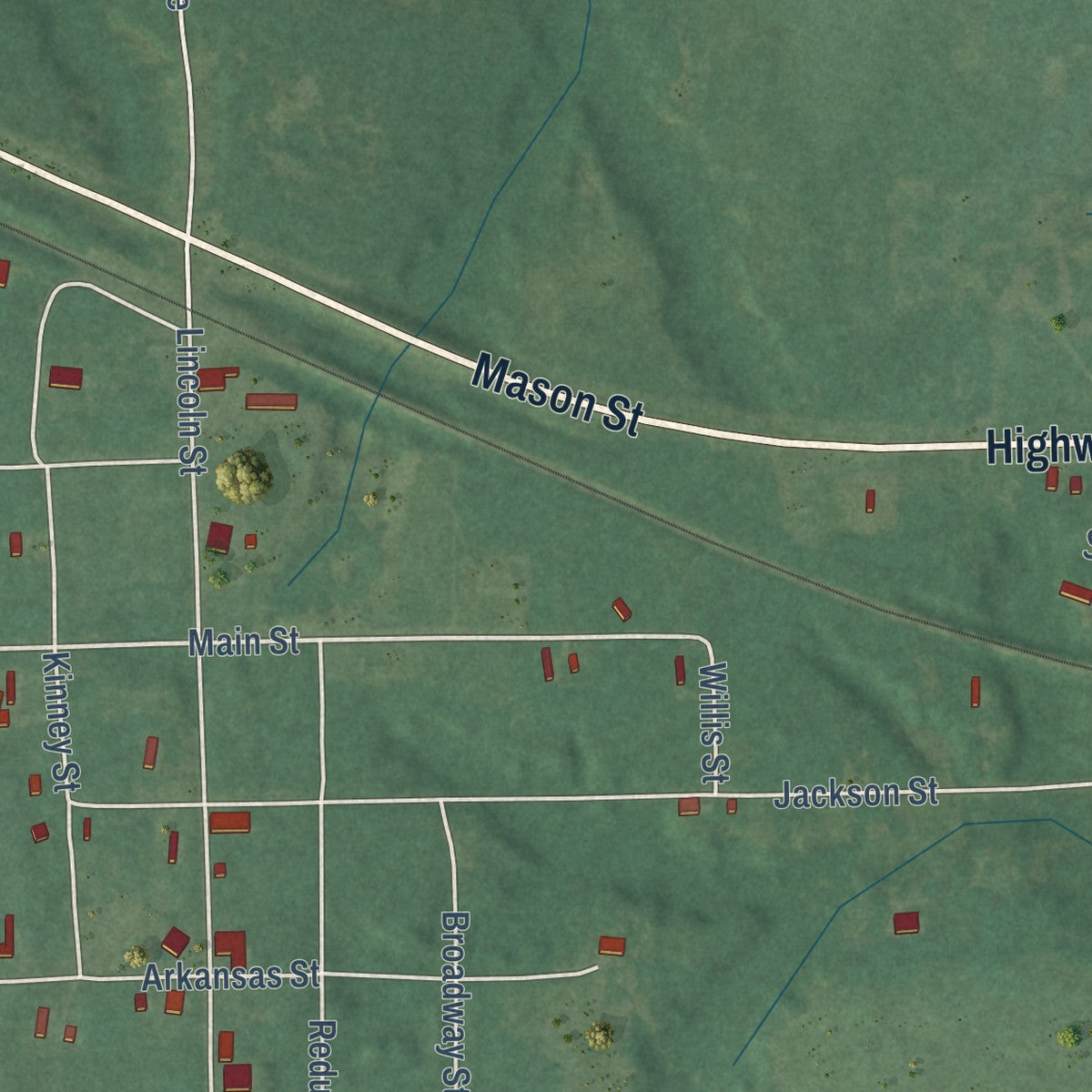 Close-up of the map of Tullahassee, Oklahoma print showing street and building detail