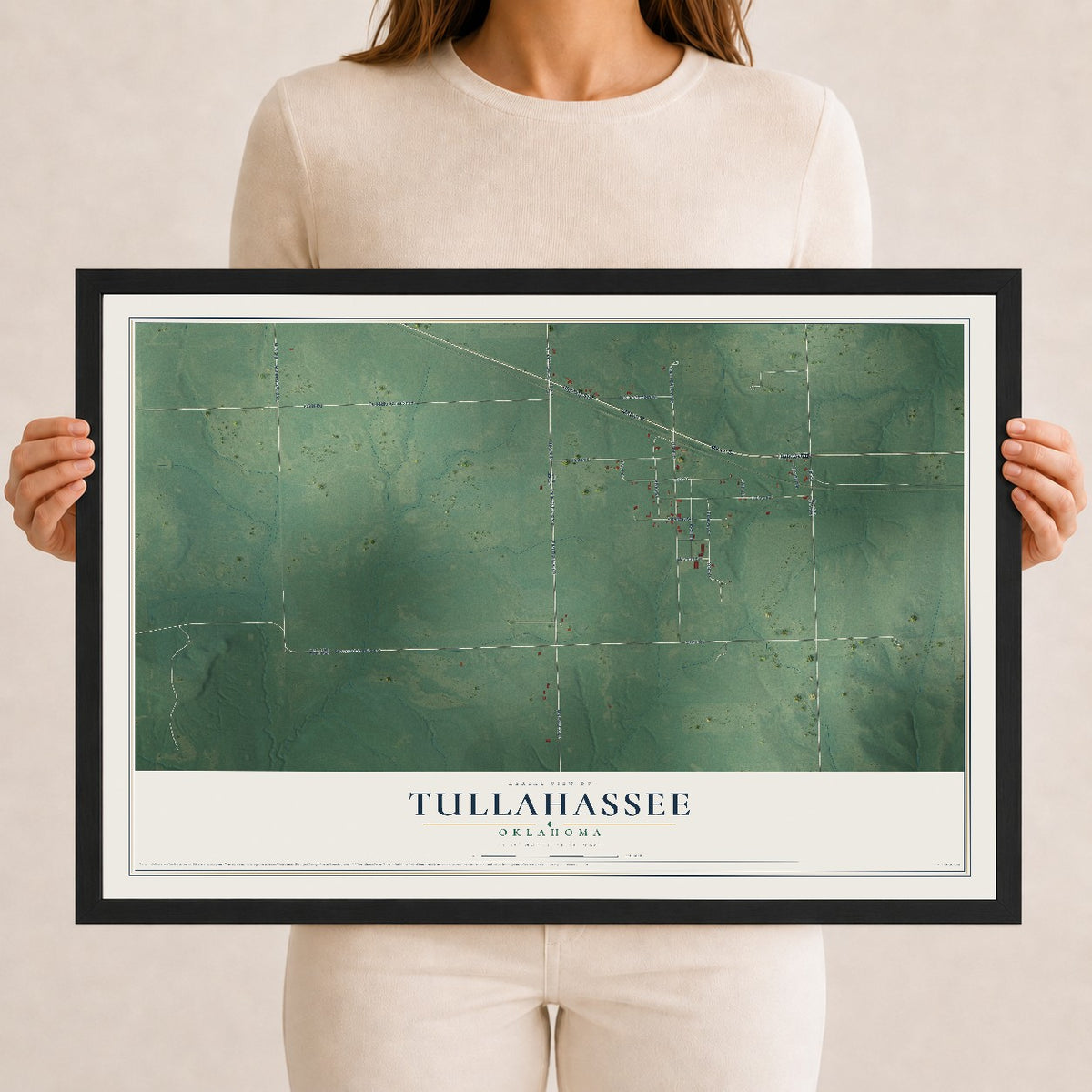 Map of Tullahassee, Oklahoma, 12 x 18 inch print in a black wood frame