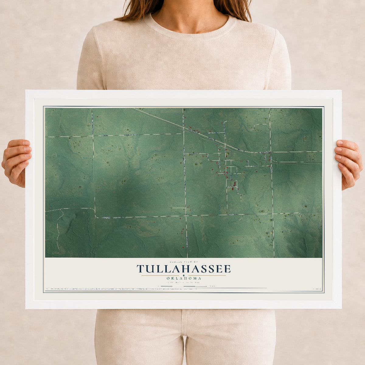 Map of Tullahassee, Oklahoma, 12 x 18 inch print in a white wood frame