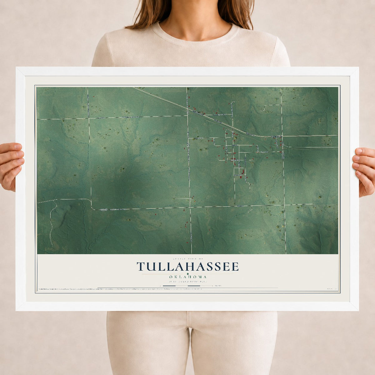 Map of Tullahassee, Oklahoma, 18 x 24 inch print in a white wood frame