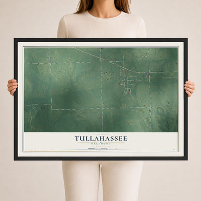 Map of Tullahassee, Oklahoma, 24 x 36 inch print in a black wood frame