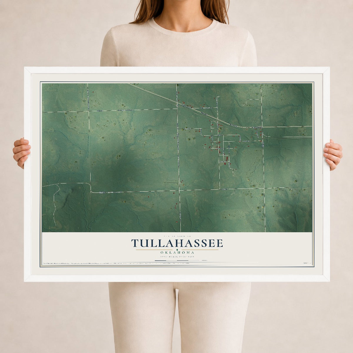 Map of Tullahassee, Oklahoma, 24 x 36 inch print in a white wood frame