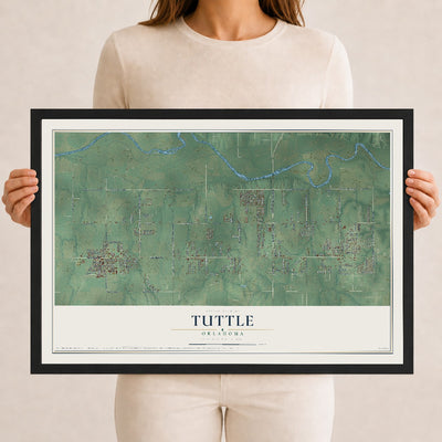 Map of Tuttle, Oklahoma, 12 x 18 inch print in a black wood frame
