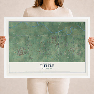 Map of Tuttle, Oklahoma, 18 x 24 inch print in a white wood frame