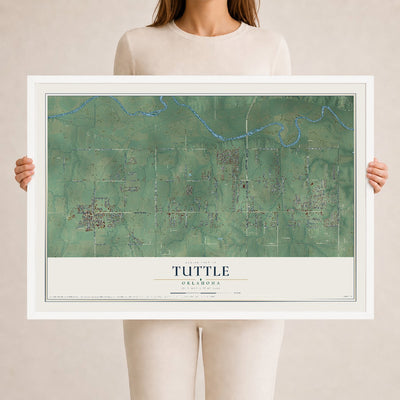 Map of Tuttle, Oklahoma, 24 x 36 inch print in a white wood frame