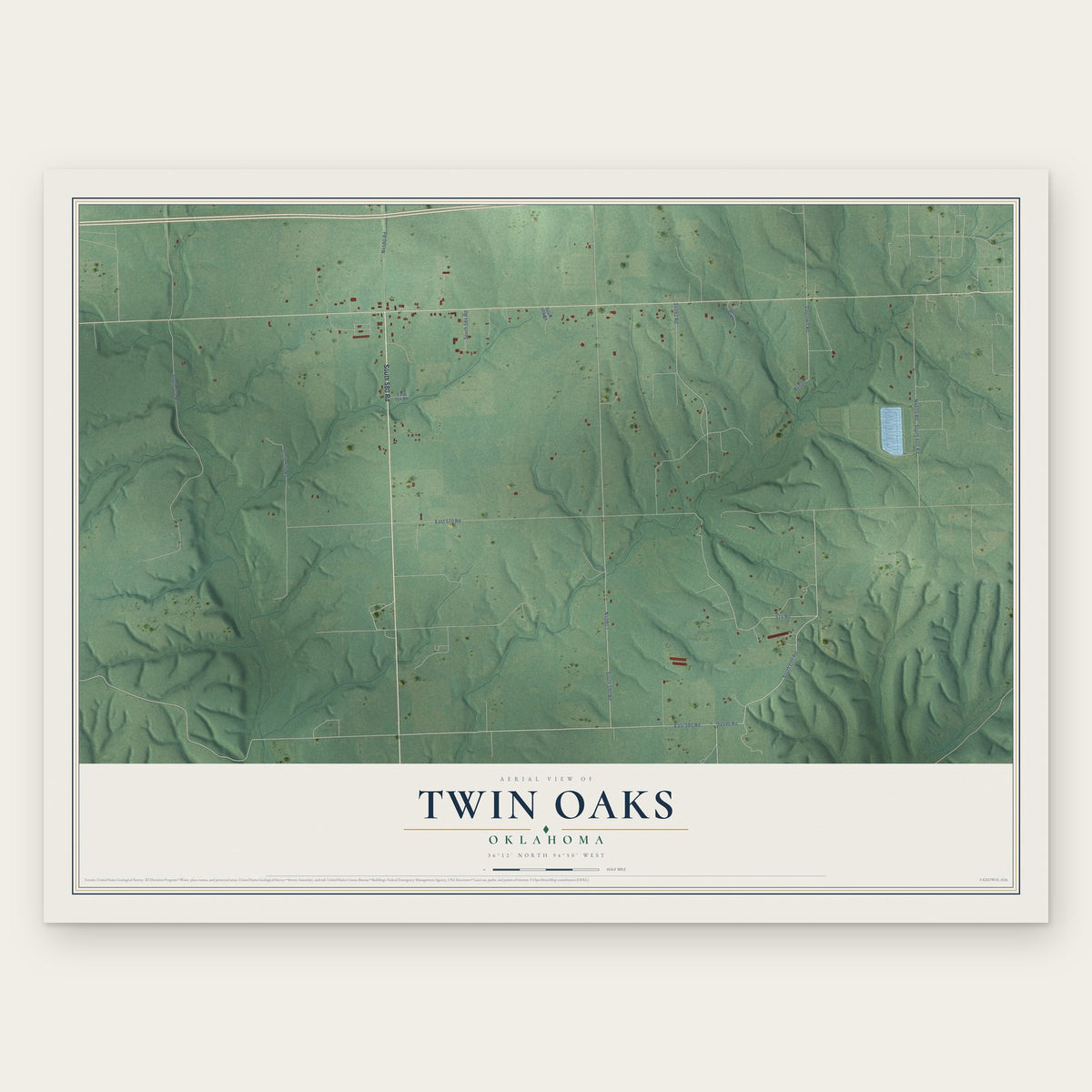Twin Oaks, Oklahoma map print, the full design