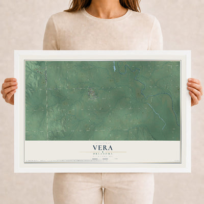 Map of Vera, Oklahoma, 12 x 18 inch print in a white wood frame
