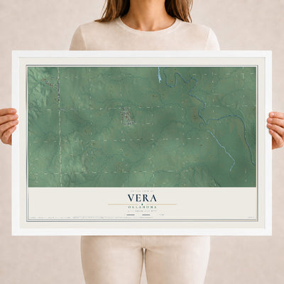 Map of Vera, Oklahoma, 18 x 24 inch print in a white wood frame