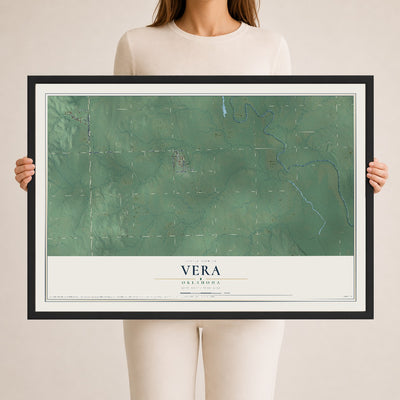 Map of Vera, Oklahoma, 24 x 36 inch print in a black wood frame