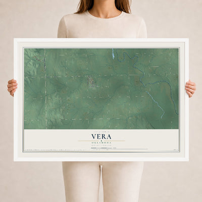 Map of Vera, Oklahoma, 24 x 36 inch print in a white wood frame
