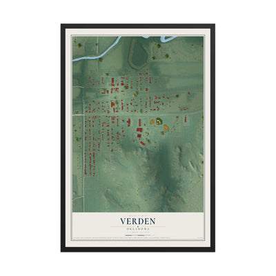 Map of Verden, Oklahoma, 12 x 18 inch print in a black wood frame