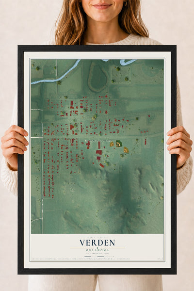 Map of Verden, Oklahoma, 18 x 24 inch print in a black wood frame