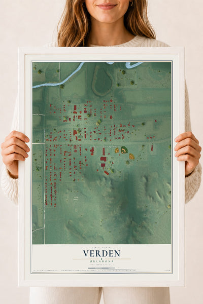 Map of Verden, Oklahoma, 18 x 24 inch print in a white wood frame