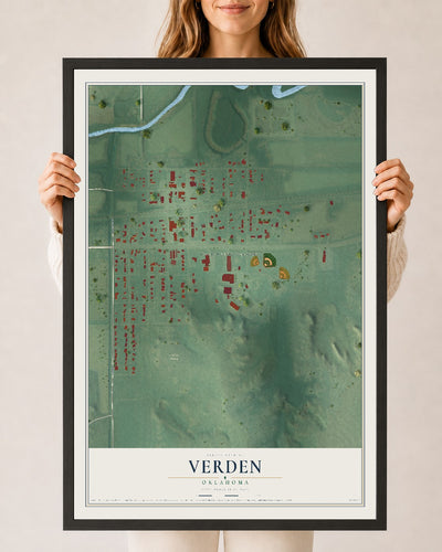Map of Verden, Oklahoma, 24 x 36 inch print in a black wood frame