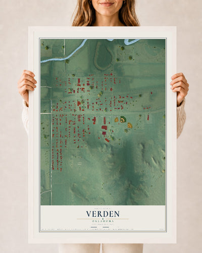 Map of Verden, Oklahoma, 24 x 36 inch print in a white wood frame