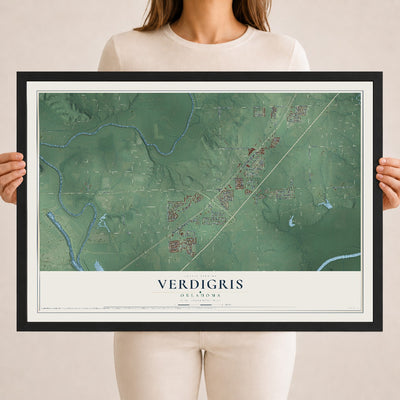 Map of Verdigris, Oklahoma, 18 x 24 inch print in a black wood frame