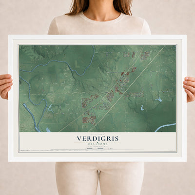 Map of Verdigris, Oklahoma, 18 x 24 inch print in a white wood frame