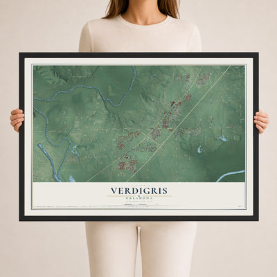 Map of Verdigris, Oklahoma, 24 x 36 inch print in a black wood frame