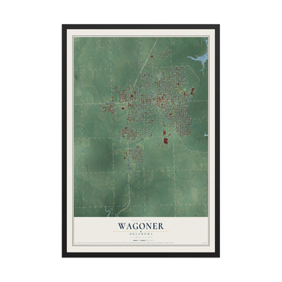Map of Wagoner, Oklahoma, 12 x 18 inch print in a black wood frame