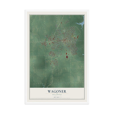 Map of Wagoner, Oklahoma, 12 x 18 inch print in a white wood frame