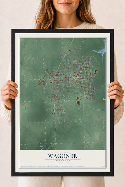 Map of Wagoner, Oklahoma, 18 x 24 inch print in a black wood frame