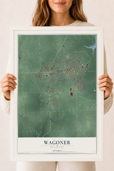 Map of Wagoner, Oklahoma, 18 x 24 inch print in a white wood frame