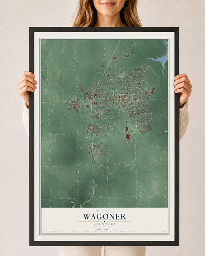 Map of Wagoner, Oklahoma, 24 x 36 inch print in a black wood frame